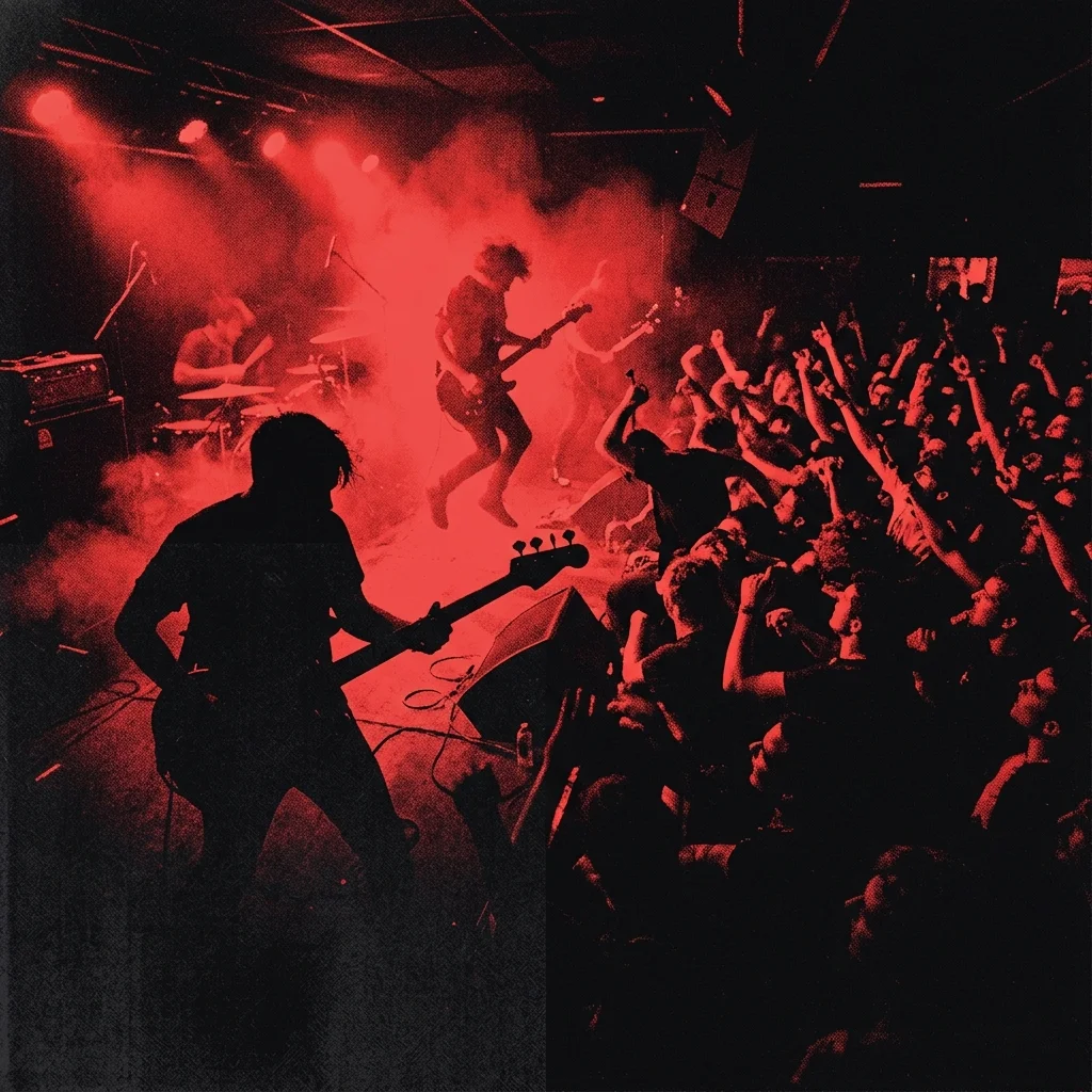 Club underground oscuro con luces rojas y guitarras en silueta, atmósfera de show de punk de los años 70 — espacio pequeño, energía explosiva, sin caras visibles