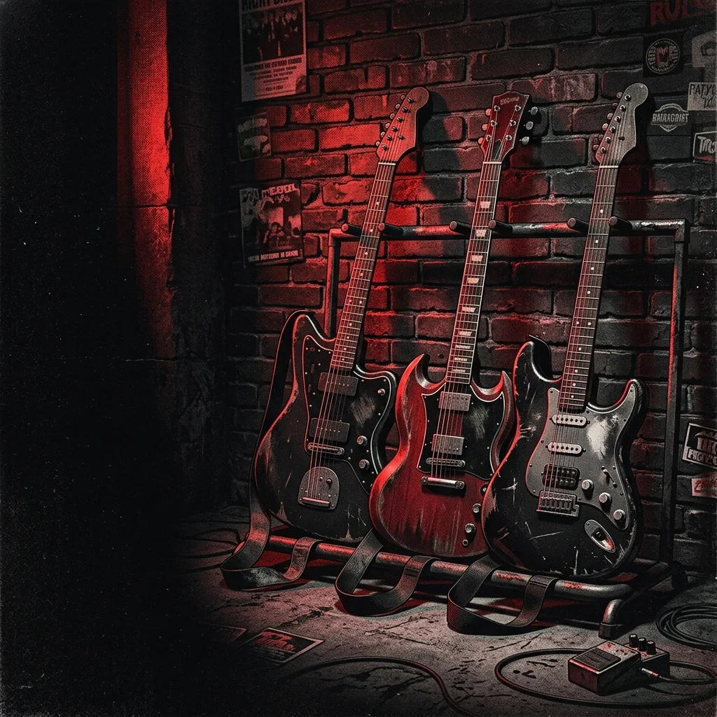 Árbol de guitarras eléctricas apoyadas en un muro de ladrillos oscuros con luz roja lateral — Stratocaster, Les Paul y guitarra de 7 cuerdas representando diferentes ramas del género