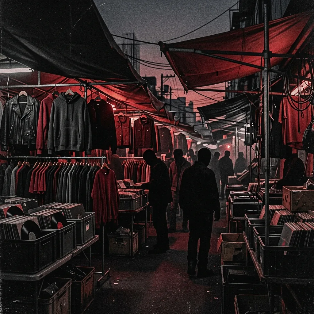 Puestos de tianguis bajo lonas al atardecer con chamarras colgadas y cajas de vinilos, siluetas de gente entre los pasillos
