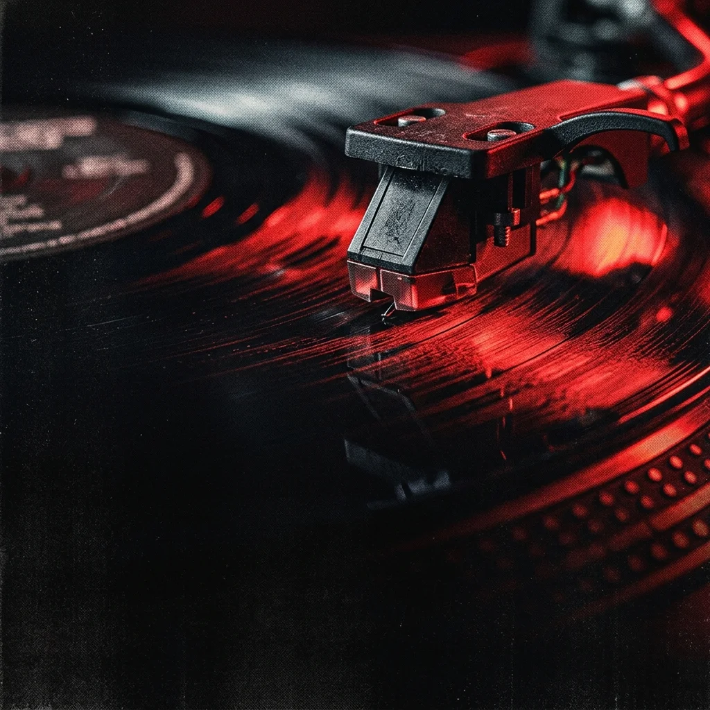 Cápsula fonocaptora de tocadiscos en primer plano extremo — cantilever con aguja elíptica sobre surco de disco de vinilo negro, sin etiquetas ni logos, iluminación de estudio gritty oscura