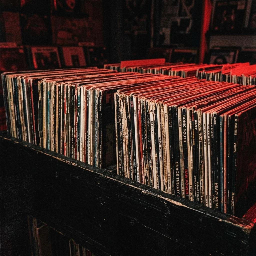 Colección de discos de vinilo almacenados verticalmente en caja de madera oscura — spines coloridos visibles, perfectamente organizados, iluminación gritty roca roja y negra desde el lado