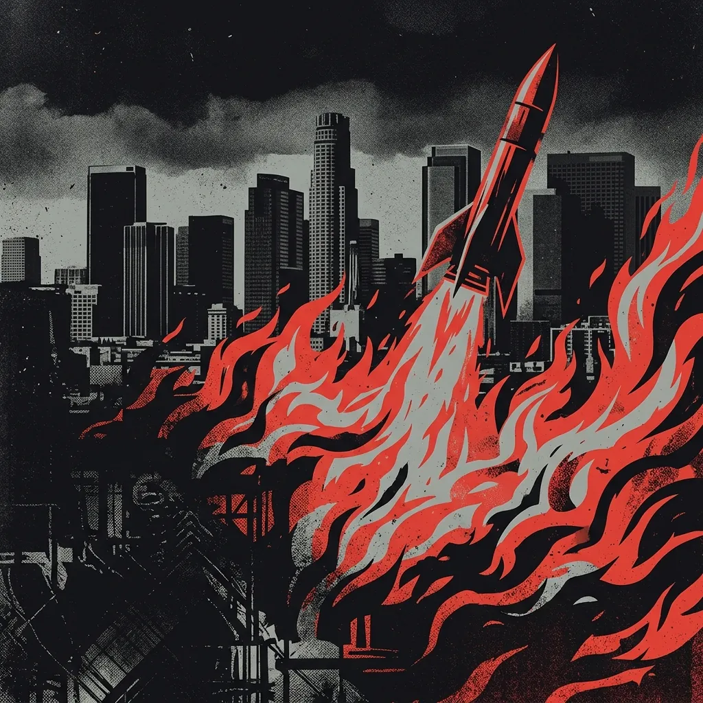 ilustración tributo de un cohete despegando entre llamas en un cielo nocturno de Los Ángeles, atmósfera épica y cinematográfica, paleta rojo y negro, sin rostros reconocibles ni logos