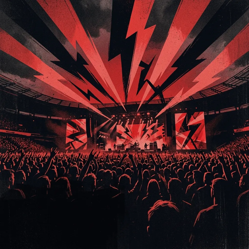 ilustración tributo de un escenario de estadio con multitud y luces en forma de rayos rojos y negros, atmósfera de guerra y triunfo, paleta rojo y negro, sin rostros ni logos