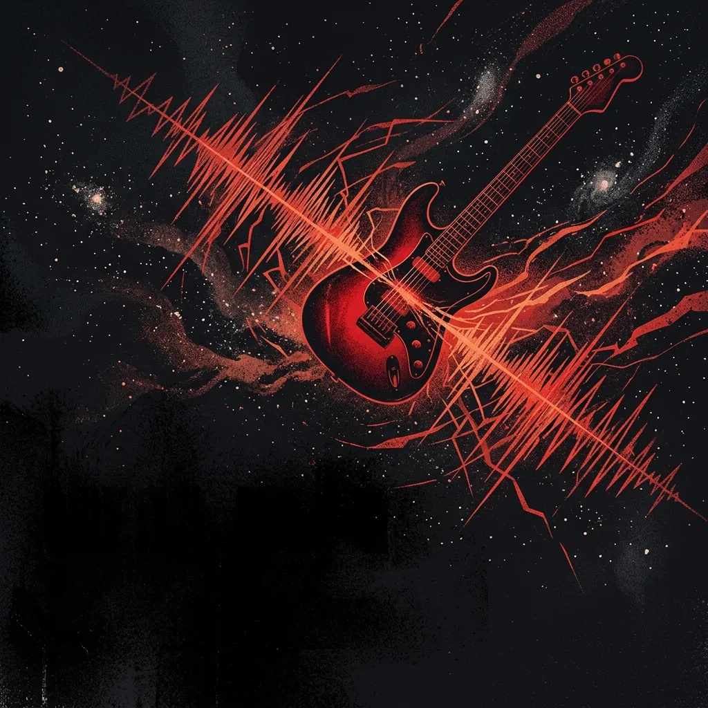 ilustración tributo de una guitarra eléctrica roja con ondas de sonido que se expanden en el espacio exterior oscuro, estética sci-fi y rock alternativo, paleta rojo y negro, sin texto ni logotipos