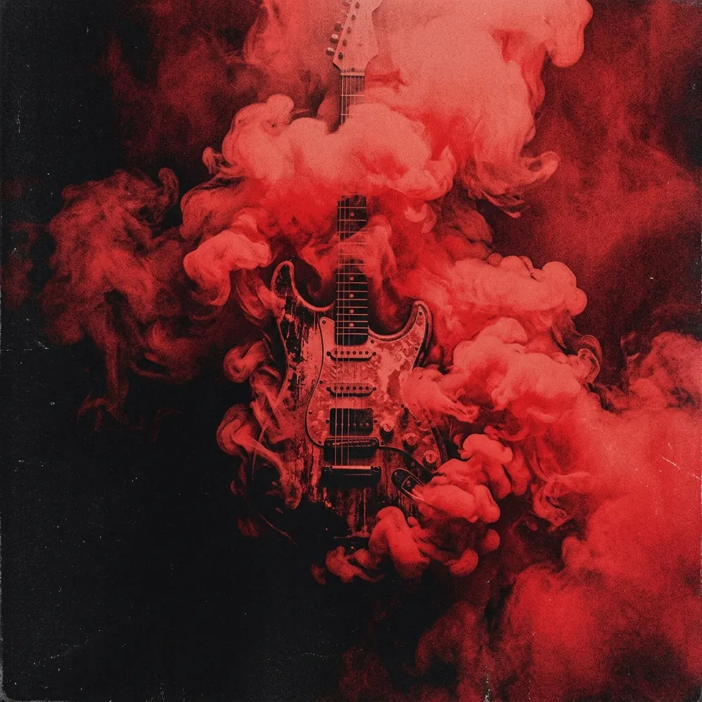 ilustración tributo de una guitarra eléctrica procesada con efectos envuelta en capas de humo rojo sobre fondo negro, atmósfera ceremonial y densa, sin rostros reconocibles ni logos, paleta rojo y negro