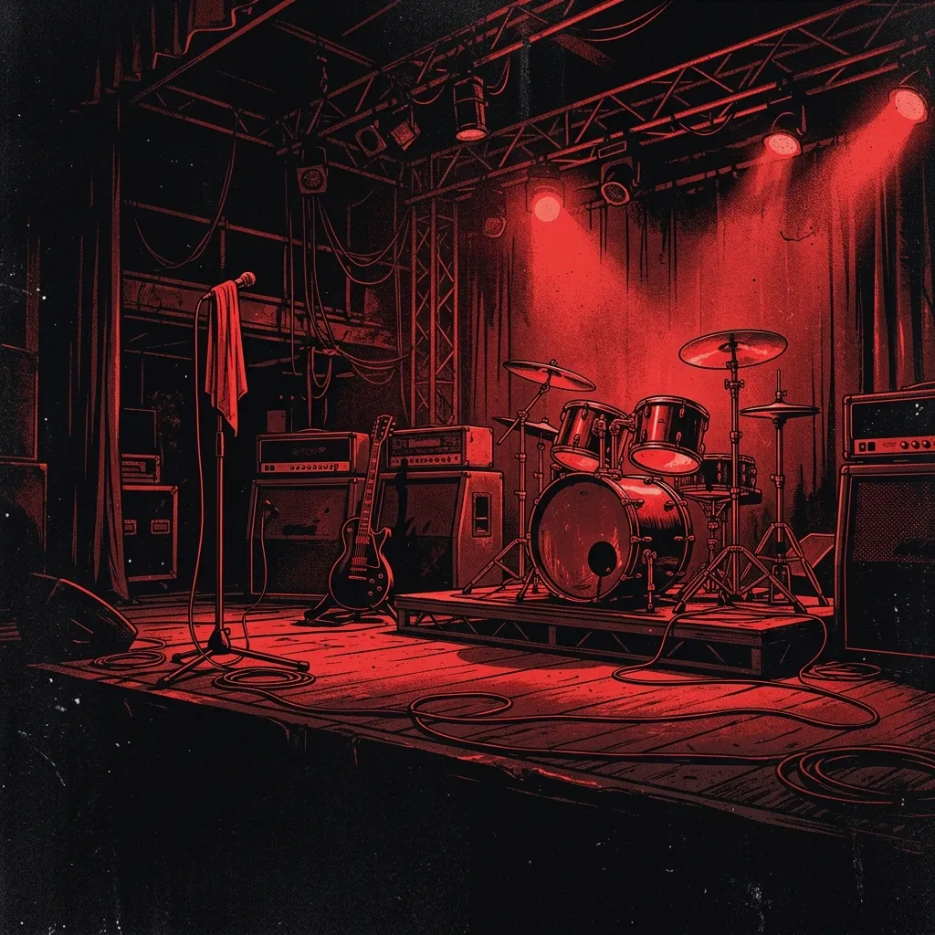 ilustración tributo de un escenario de concierto con luz roja proyectada sobre instrumentos y equipo vacío, atmósfera de tensión contenida y silencio antes del estallido, paleta rojo y negro, sin rostros ni logos
