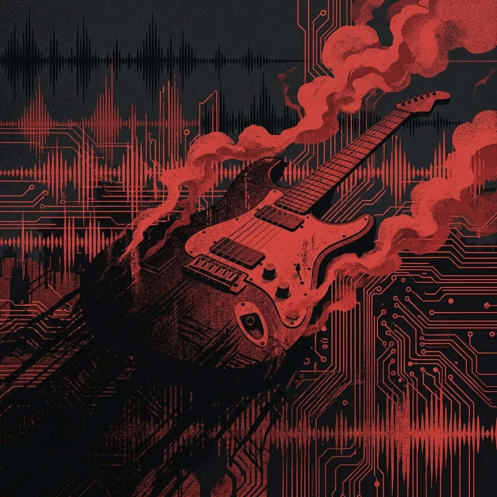ilustración tributo de capas de ondas sonoras y circuitos entrelazados con una guitarra en perspectiva que se disuelve en humo rojo, evocando la arquitectura sonora procesada y atmosférica de la banda, paleta rojo y negro, sin texto ni logotipos