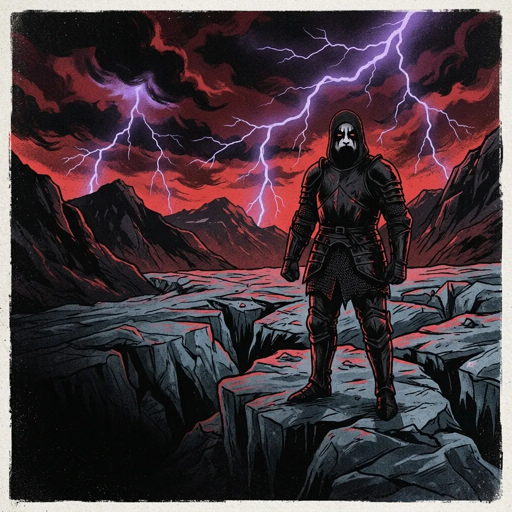 ilustración tributo de un guerrero con armadura negra y corpse paint de pie sobre un glaciar noruego bajo un cielo tormentoso con relámpagos violetas, atmósfera black metal Bergen, sin rostros reconocibles ni logos, paleta rojo y negro