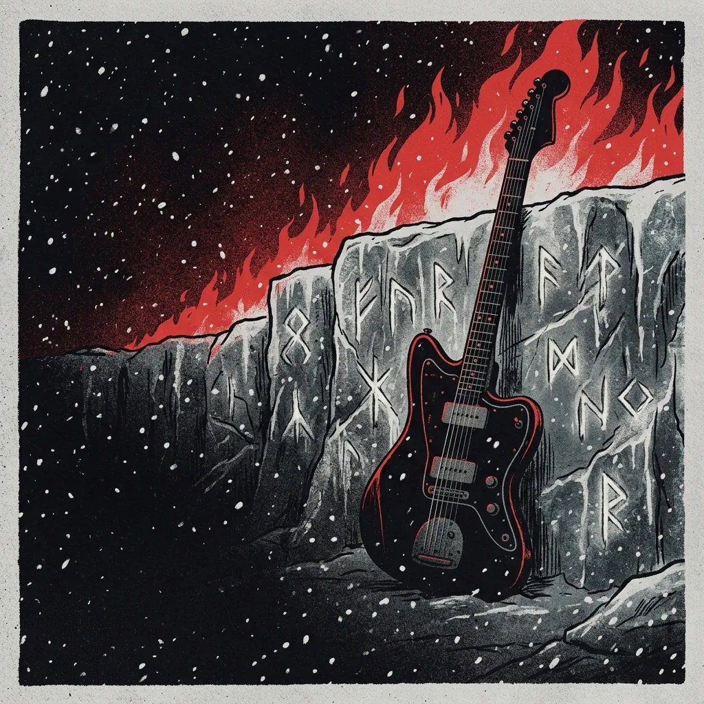 ilustración tributo de una guitarra eléctrica negra apoyada contra un muro de hielo con runas talladas, llamas rojas al fondo y nieve cayendo en el ambiente, black metal noruego contemporáneo, sin rostros ni logos, paleta rojo y negro