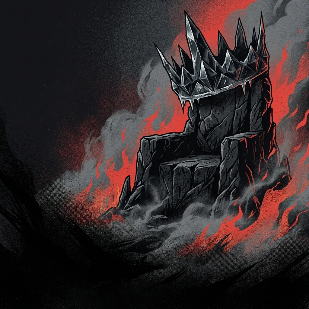 ilustración tributo de una corona de hielo negra sobre un trono de piedra volcánica rodeado de neblina y llamas, atmósfera black metal noruego, sin texto ni logotipos, paleta rojo y negro con destellos de plata y hielo