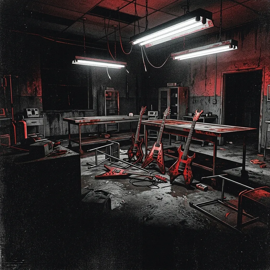 ilustración tributo de una sala de autopsias abandonada con mesas de acero quirúrgico y guitarras eléctricas derribadas bajo luz fluorescente fría, atmósfera death metal brutal de finales de los 90 en Bélgica, sin rostros reconocibles ni logos, paleta rojo y negro