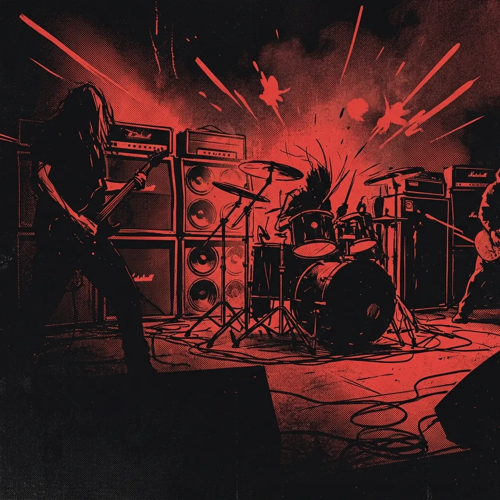 ilustración tributo de un escenario de metal con amplificadores apilados y redobles de batería visibles en el aire bajo luz roja industrial, atmósfera deathgrind técnico de los años 2000 en Europa, sin rostros ni logos, paleta rojo y negro intensa