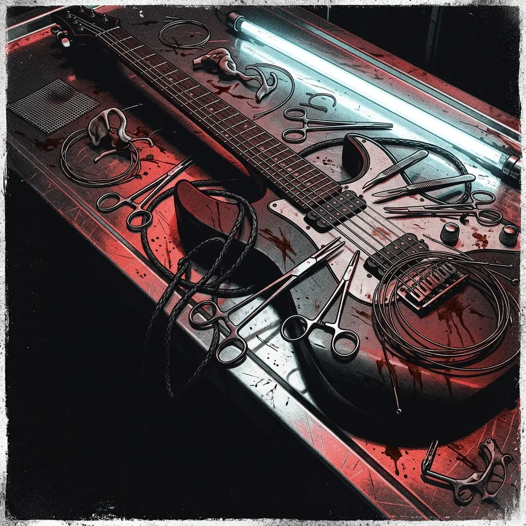 ilustración tributo de una guitarra eléctrica de siete cuerdas y piezas quirúrgicas sobre una mesa de acero ensangrentada bajo luz fluorescente, sin texto ni logotipos, atmósfera death metal técnico belga, paleta rojo y negro con destellos de acero frío