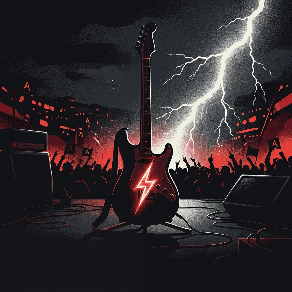 ilustración tributo de una guitarra eléctrica con un rayo de electricidad en escenario nocturno australiano, atmósfera intensa y poderosa, paleta rojo y negro, sin rostros reconocibles ni logos