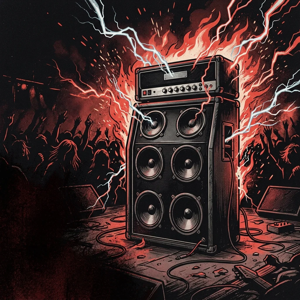 ilustración tributo de un amplificador desbordante de energía eléctrica con rayos y llamas, estética hard rock de los 70, paleta rojo y negro, sin texto ni logotipos
