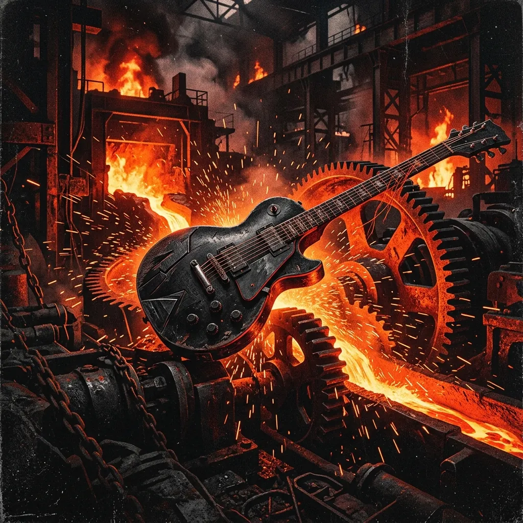 ilustración tributo de una guitarra eléctrica sobre engranajes industriales y chispas de acero fundido, atmósfera de fábrica alemana en llamas, paleta rojo y negro intenso, sin rostros reconocibles ni logos