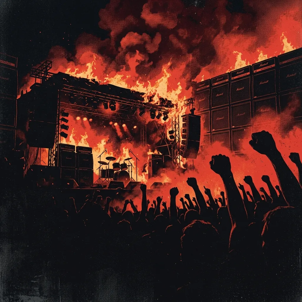 ilustración tributo de un escenario en llamas con muros de amplificadores y siluetas de puños alzados bajo humo rojo, estética heavy metal años 80, paleta rojo y negro, sin rostros ni logos