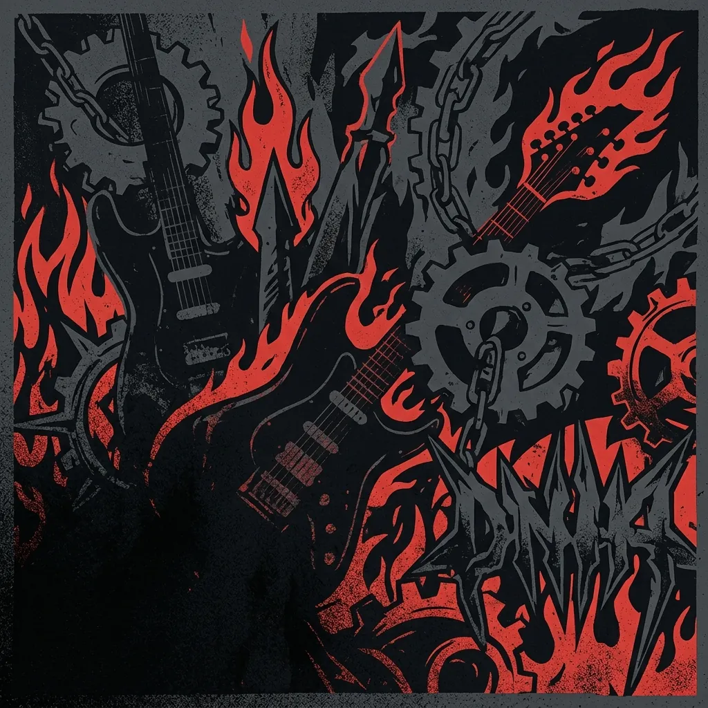 ilustración tributo de un collage de guitarras eléctricas, engranajes de acero y llamas sobre fondo negro, estética heavy metal alemán de los 80, paleta rojo y negro, sin texto ni logotipos