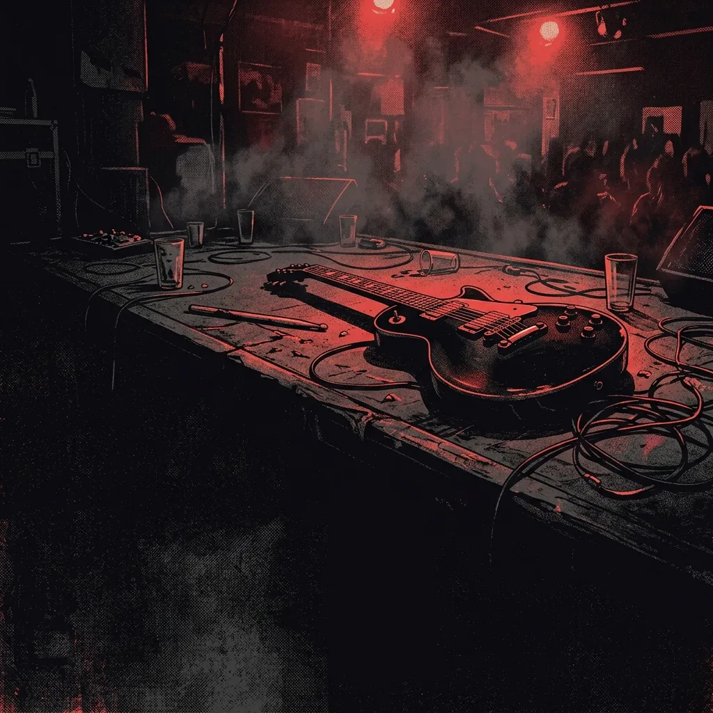 ilustración tributo de una guitarra eléctrica volcada sobre un escenario de bar en Boston años 70, luces rojas tenues y humo de escenario, atmósfera cruda y eléctrica, paleta rojo y negro, sin rostros reconocibles ni logos