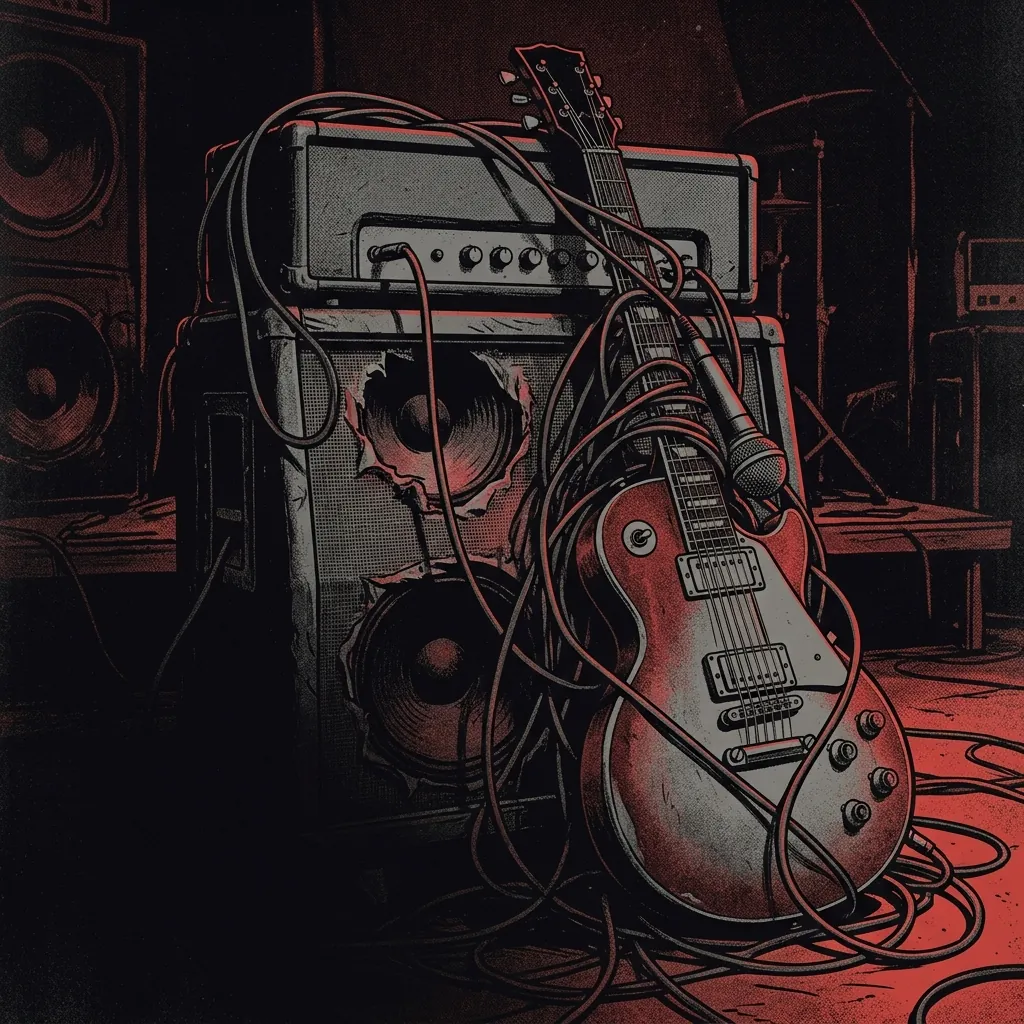ilustración tributo de una guitarra eléctrica con cordones de micrófono enredados sobre un amplificador vintage, estética hard rock americano de los 70, paleta rojo y negro, sin texto ni logotipos