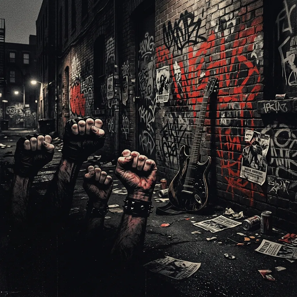 ilustración tributo de un callejón del Lower East Side de Nueva York en los años 80 con grafiti en ladrillos, una guitarra apoyada contra la pared y puños cerrados emergiendo de la oscuridad, paleta rojo y negro intenso, sin rostros reconocibles ni logos