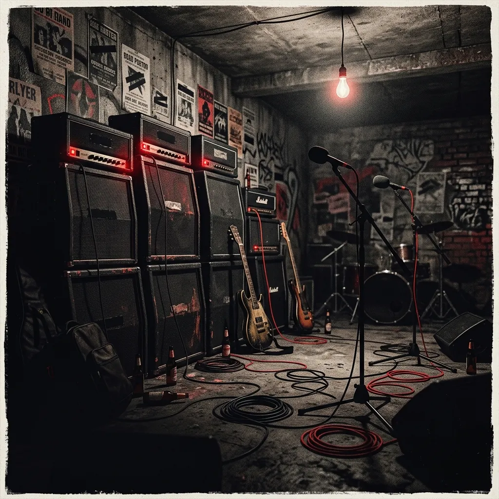 ilustración tributo de una sala de ensayo underground con amplificadores apilados, micrófonos y cables enredados bajo una bombilla desnuda, atmósfera densa y oscura, paleta rojo y negro, sin rostros ni logos