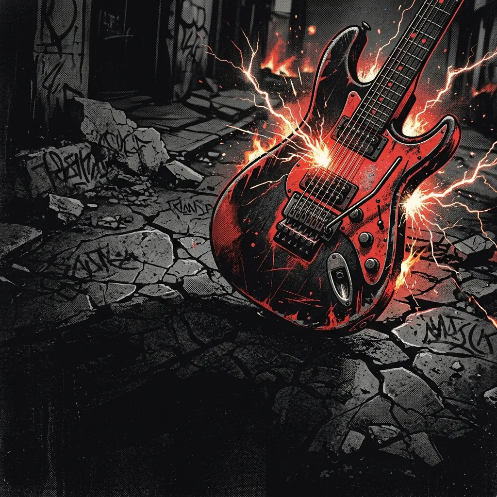 ilustración tributo de una guitarra eléctrica con cuerdas tensadas al máximo sobre un fondo de asfalto roto y chispas de electricidad, estética hardcore punk urbano de los 80, paleta rojo y negro, sin texto ni logotipos