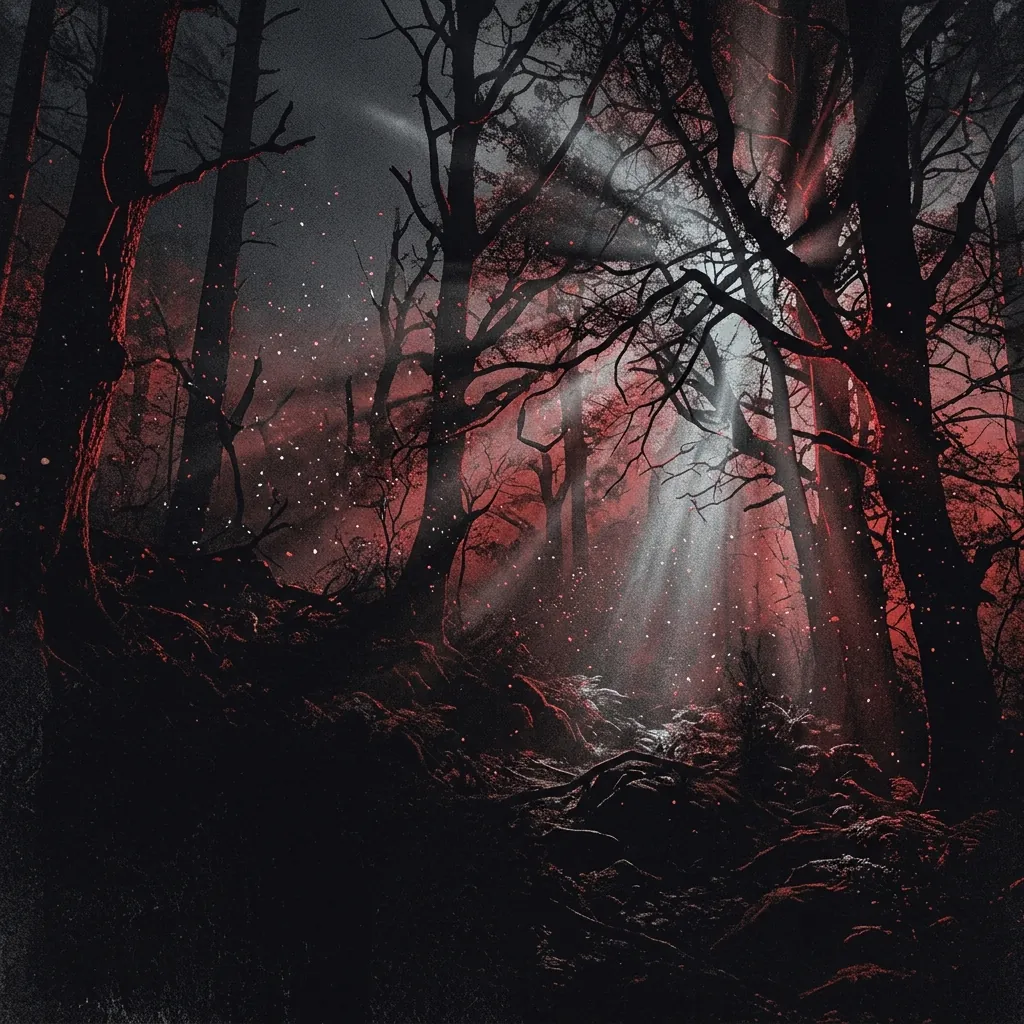 ilustración tributo de un bosque neblinoso en la noche con rayos de luz plateada filtrándose entre las ramas, atmósfera onírica y etérea, partículas de polvo luminoso suspendidas en el aire, paleta rojo y negro con destellos plateados, sin rostros reconocibles ni logos