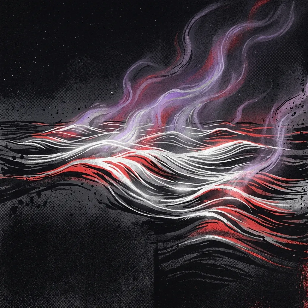 ilustración tributo de olas de luz plateada ondulando sobre una superficie oscura como un océano de energía luminosa, remolinos de niebla iridiscente que ascienden hacia un cielo sin estrellas, atmósfera sobrenatural y tranquila, paleta rojo y negro con plata y violeta, sin rostros ni logos