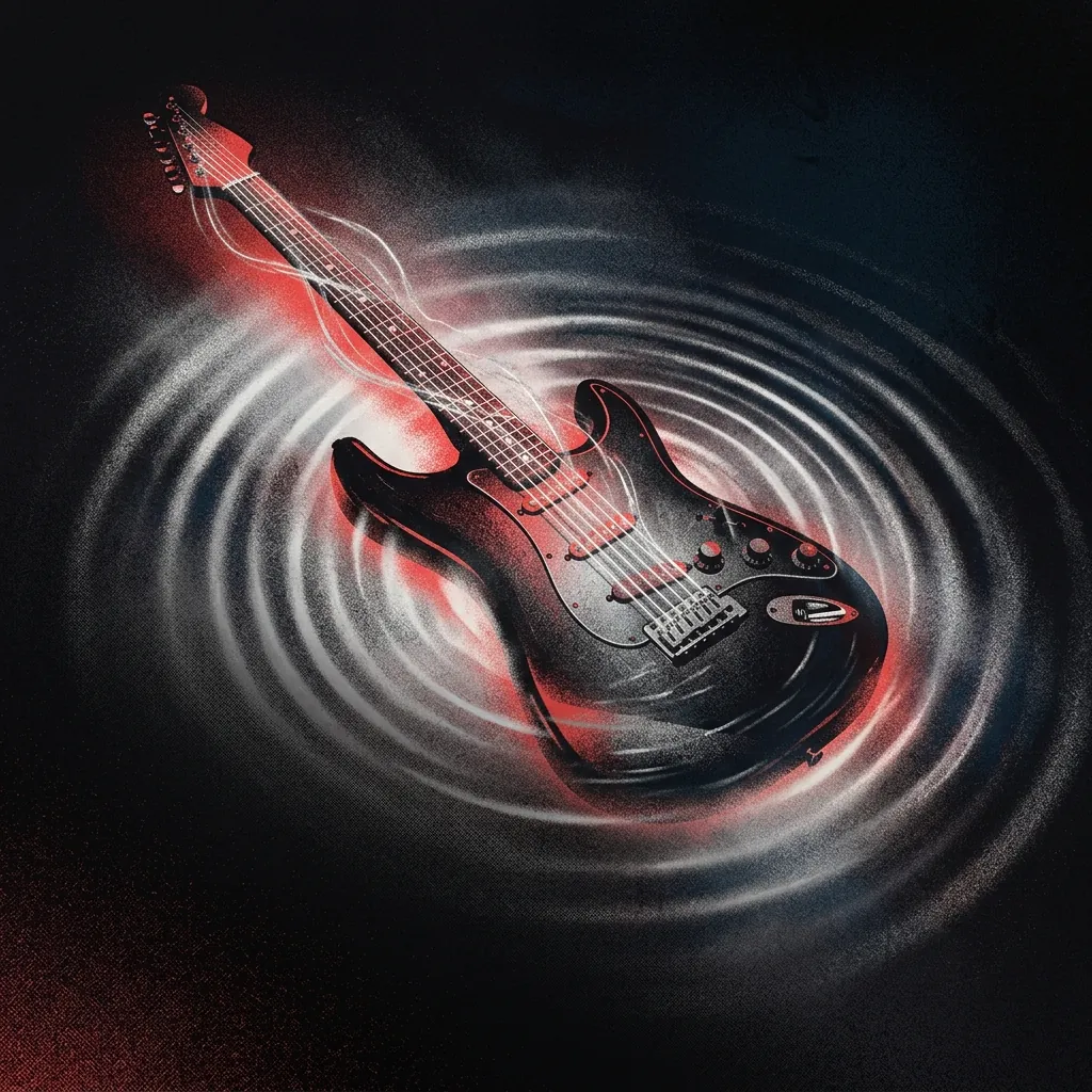 ilustración tributo de una guitarra eléctrica sumergida en un oceano de luz difusa, cuerdas que vibran como hilos de plata, ondas de sonido visibles en el aire como anillos concéntricos que se expanden hacia la oscuridad, paleta rojo y negro con texturas plateadas y azul profundo, sin texto ni logotipos