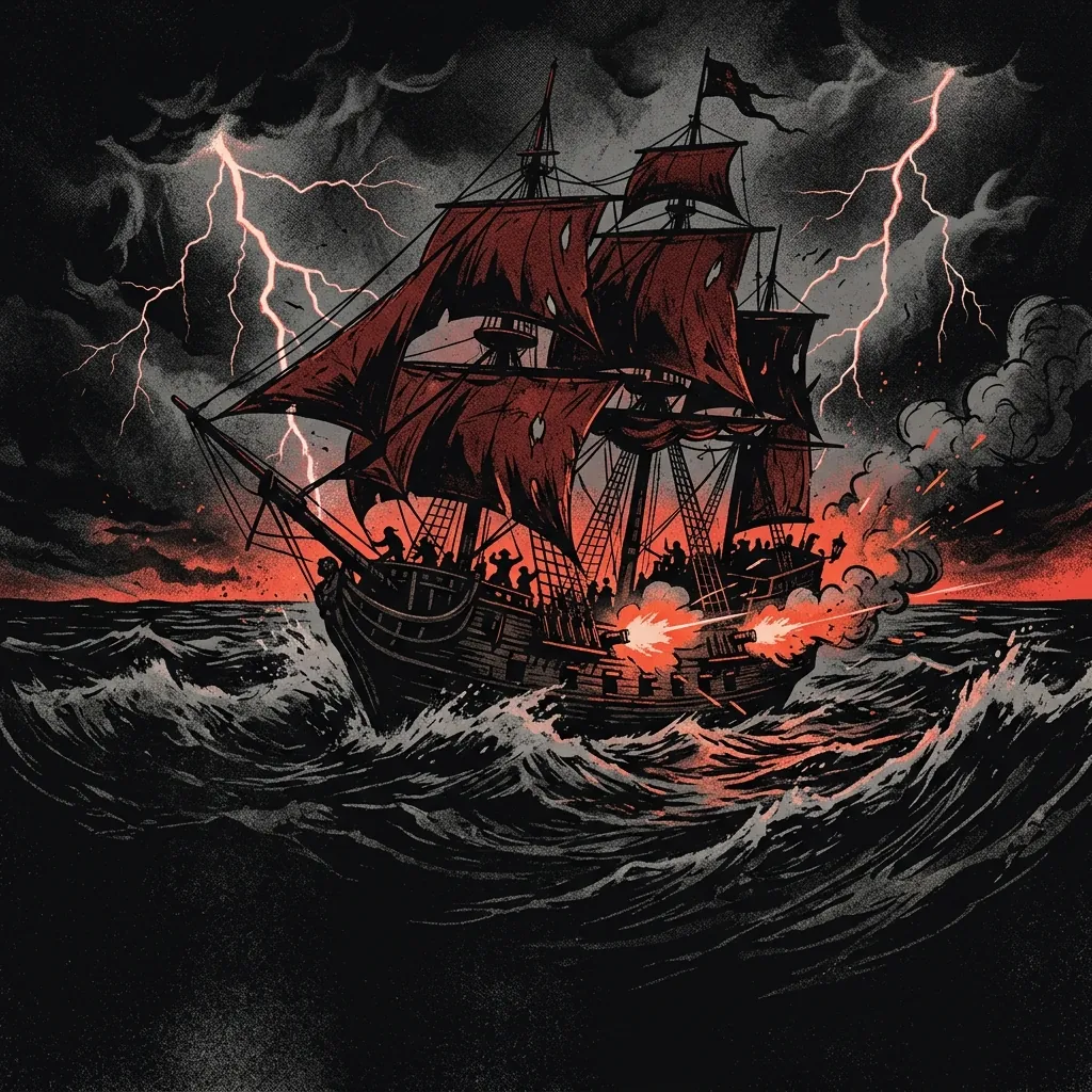 ilustración tributo de un galeón pirata zarpa entre rayos y oleaje furioso, cañones disparando fuego naranja contra un horizonte negro, sin rostros reconocibles ni logos, paleta rojo y negro intensa