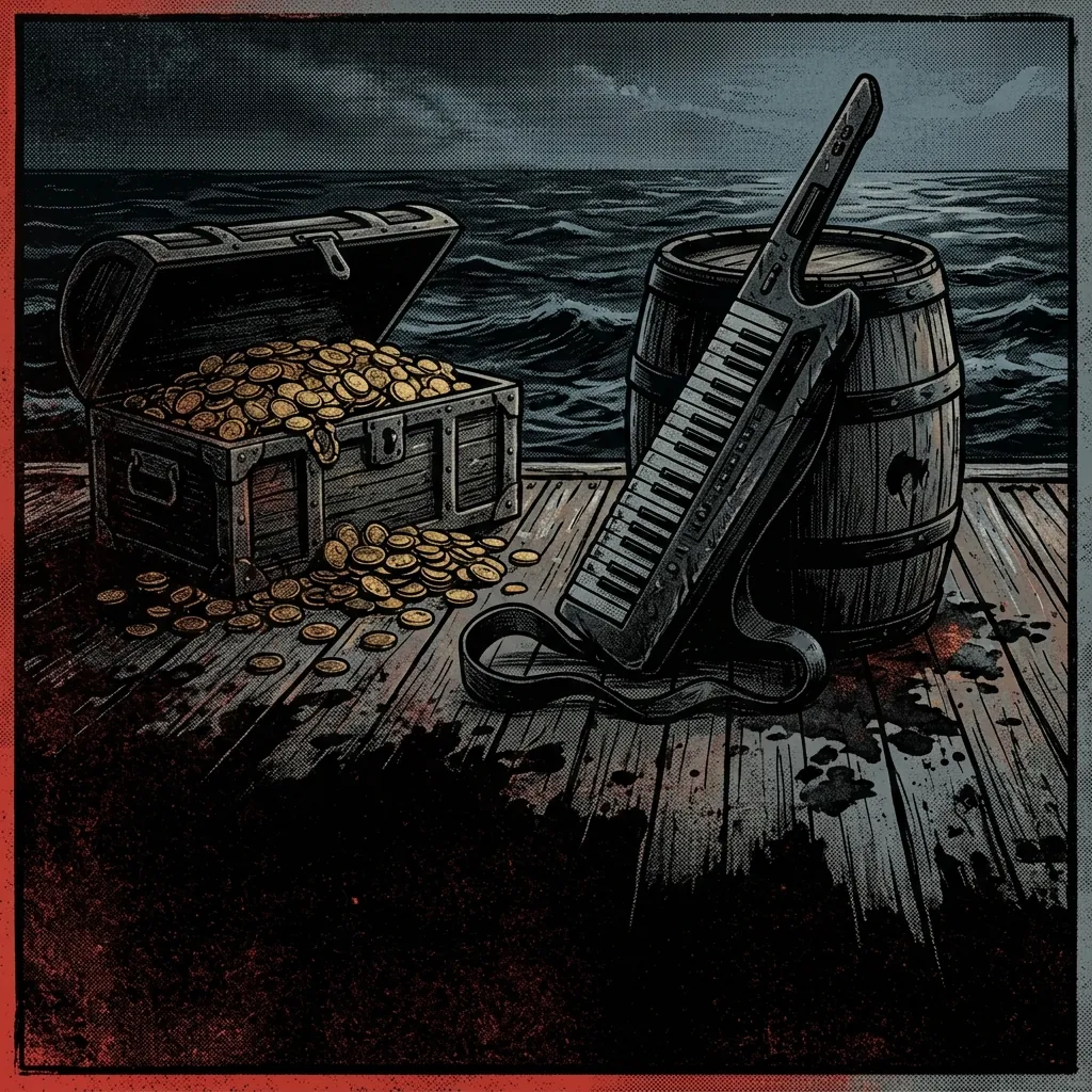 ilustración tributo de un cofre del tesoro desbordante de monedas doradas sobre cubierta de madera manchada de pólvora, con un keytar abandonado sobre un tonel de ron y el mar negro al fondo, sin rostros ni logos, paleta rojo y negro