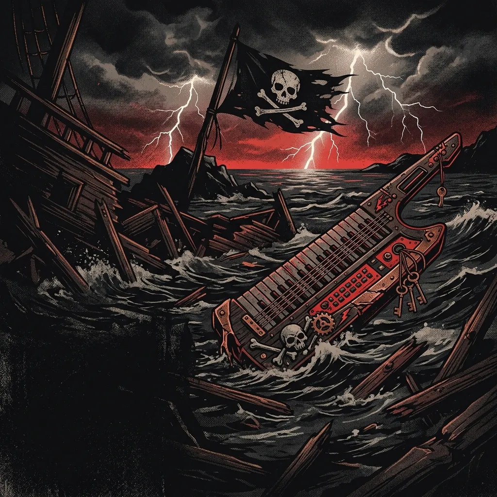 ilustración tributo de un keytar pirata flotando sobre las olas entre fragmentos de madera de un barco hundido, relámpagos al fondo y una bandera negra rasgada ondeando, sin texto ni logotipos, paleta rojo y negro con destellos de cobre