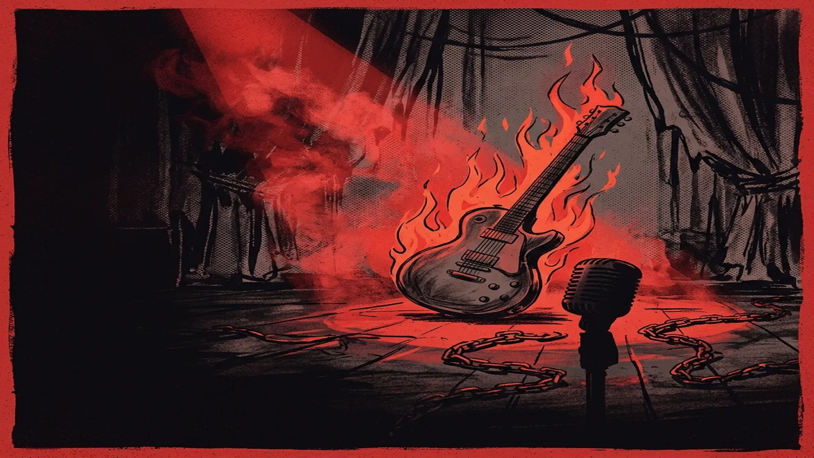 ilustración tributo de una guitarra eléctrica en llamas sobre un escenario vacío iluminado por un foco rojo, silueta de un micrófono vintage y cadenas en el suelo, atmósfera de cabaret de horror años 70, paleta rojo y negro, sin rostros reconocibles ni logos