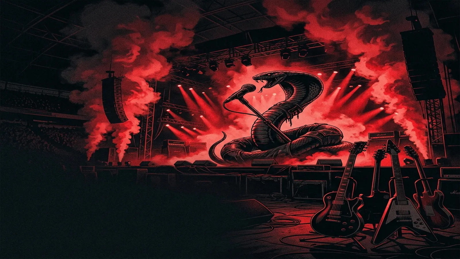 ilustración tributo de un escenario de estadio con efectos de humo rojo y una silueta de serpiente gigante enrollada alrededor de un micrófono, guitarras eléctricas en primer plano, ambiente macabro y teatral, paleta rojo y negro, sin rostros ni logos