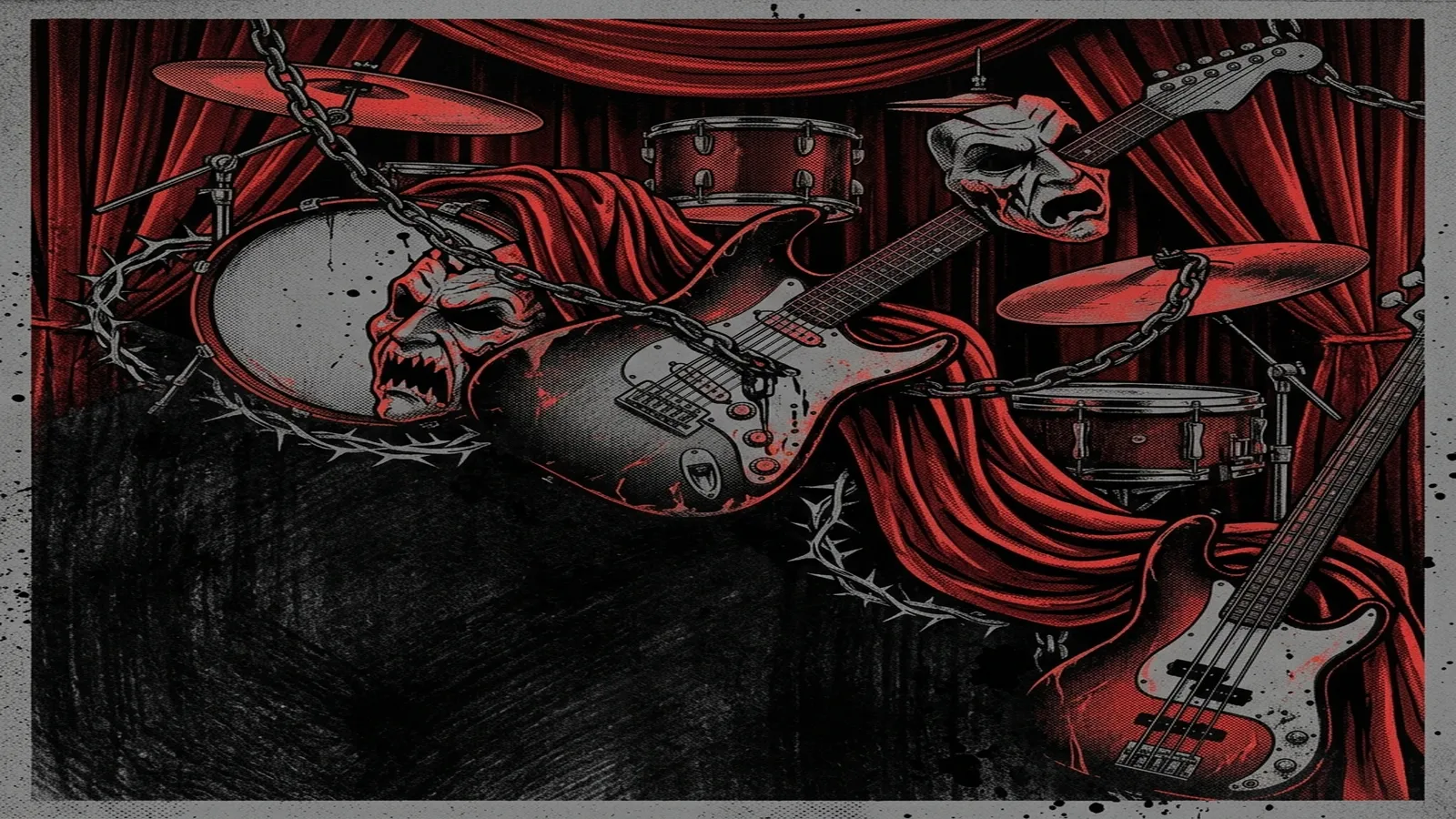 ilustración tributo de un collage de instrumentos de rock —guitarra, bajo, batería— entrelazados con motivos de teatro de terror: máscaras, cadenas y telones de terciopelo rojo, paleta rojo y negro intensa, sin texto ni logotipos reconocibles