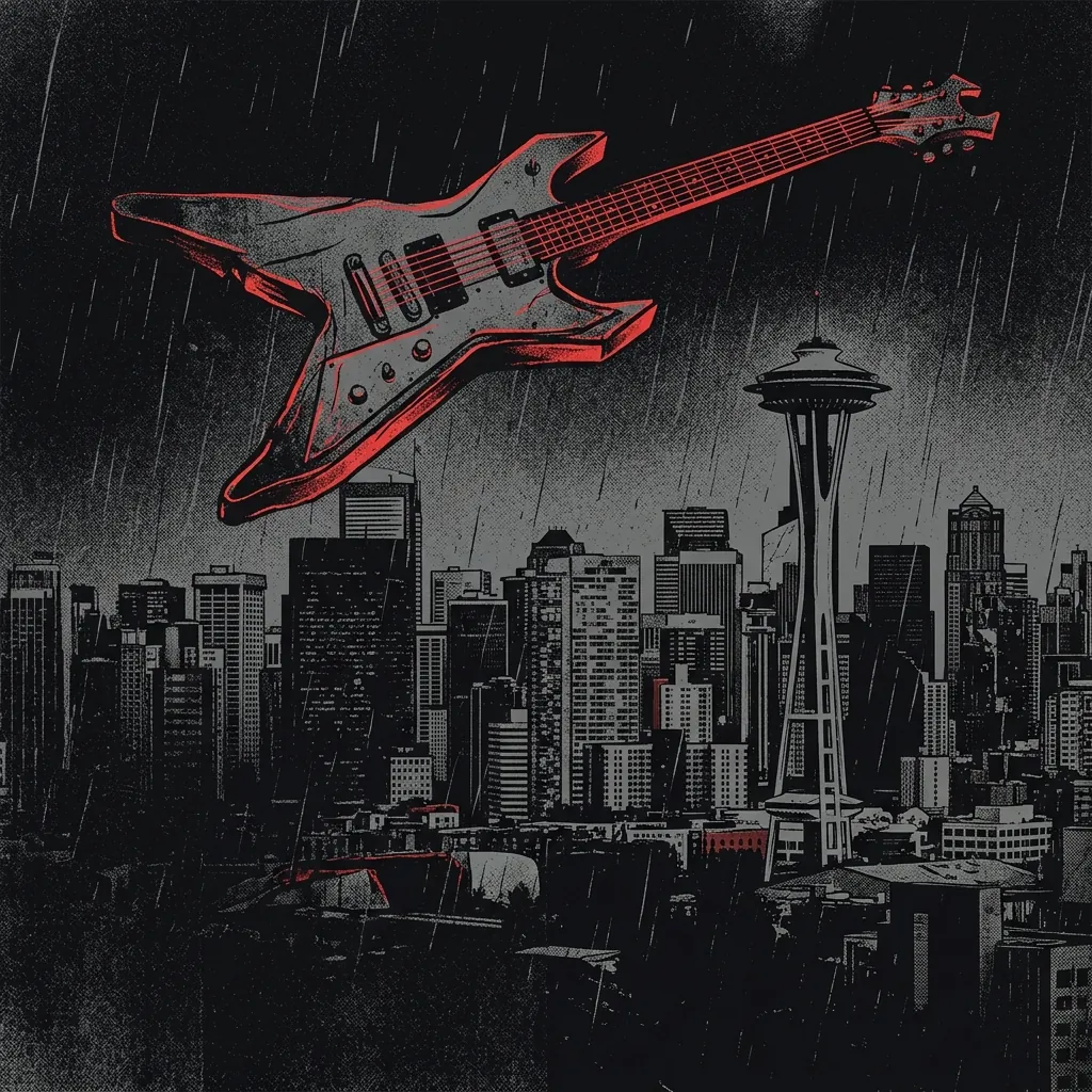 ilustración tributo de una guitarra eléctrica distorsionada suspendida sobre una ciudad lluviosa nocturna de Seattle, atmósfera oscura y densa, paleta rojo y negro, sin rostros reconocibles ni logos