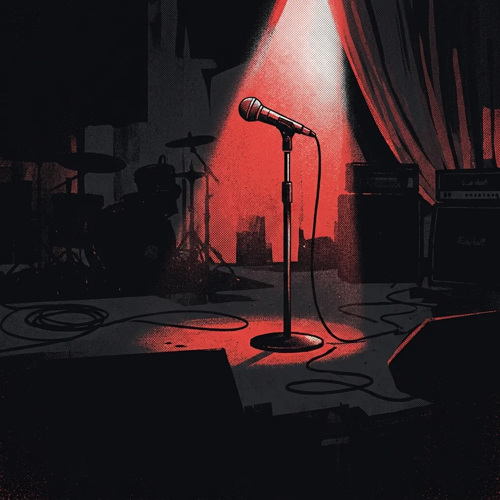 ilustración tributo de un micrófono solitario iluminado por un foco en un escenario oscuro, atmósfera de silencio y ausencia, paleta rojo y negro, sin rostros ni logos
