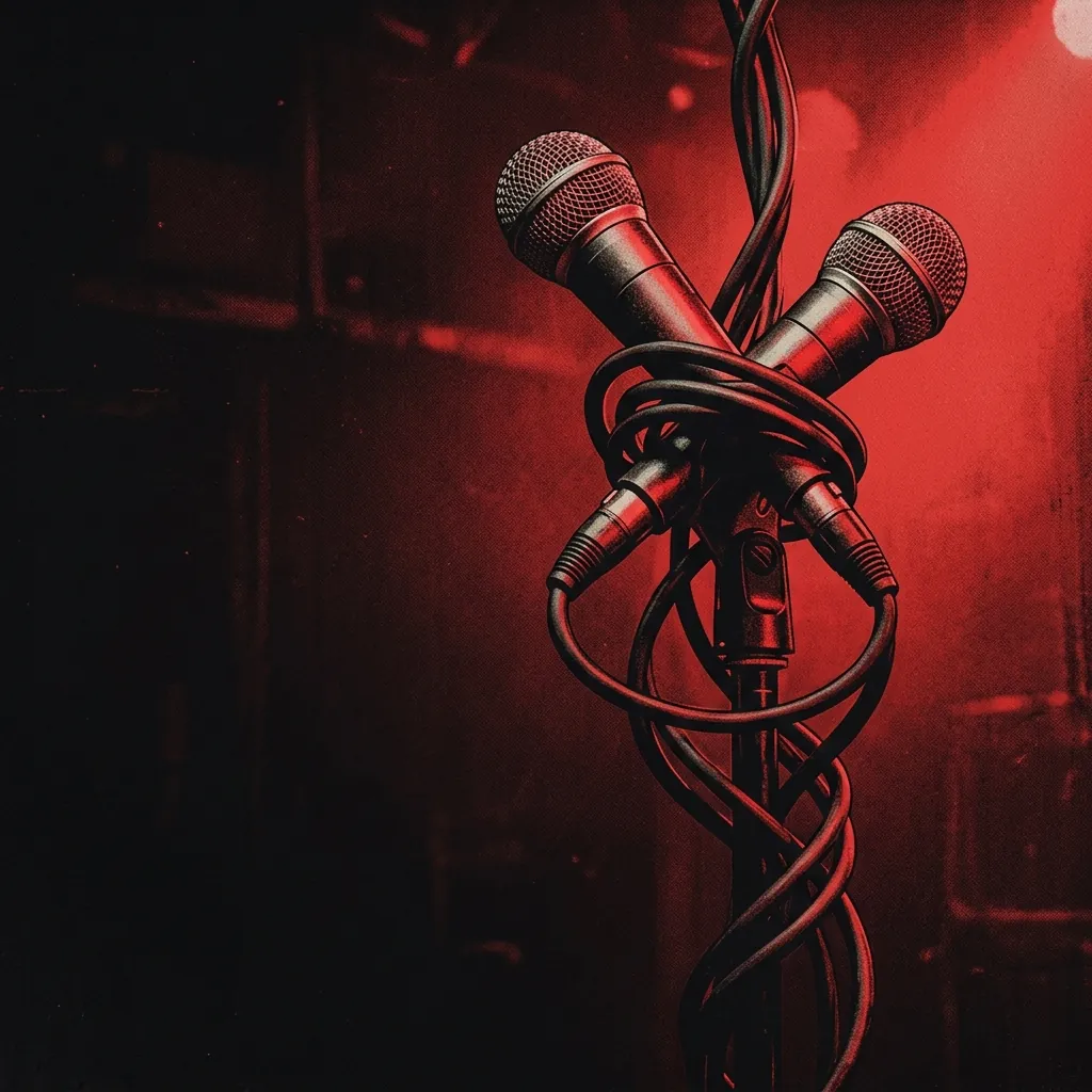 ilustración tributo de dos micrófonos entrelazados con cables bajo luz roja sobre un fondo negro, evocando las armonías vocales características de la banda, paleta rojo y negro, sin texto ni logotipos