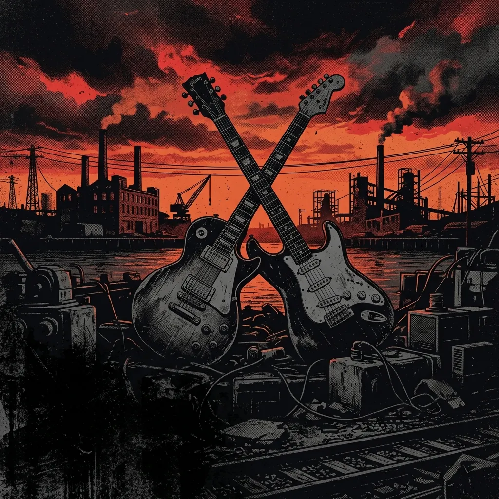ilustración tributo de dos guitarras eléctricas cruzadas sobre un paisaje industrial de Nueva Inglaterra al atardecer, atmósfera oscura e intensa, paleta rojo y negro, sin rostros reconocibles ni logos