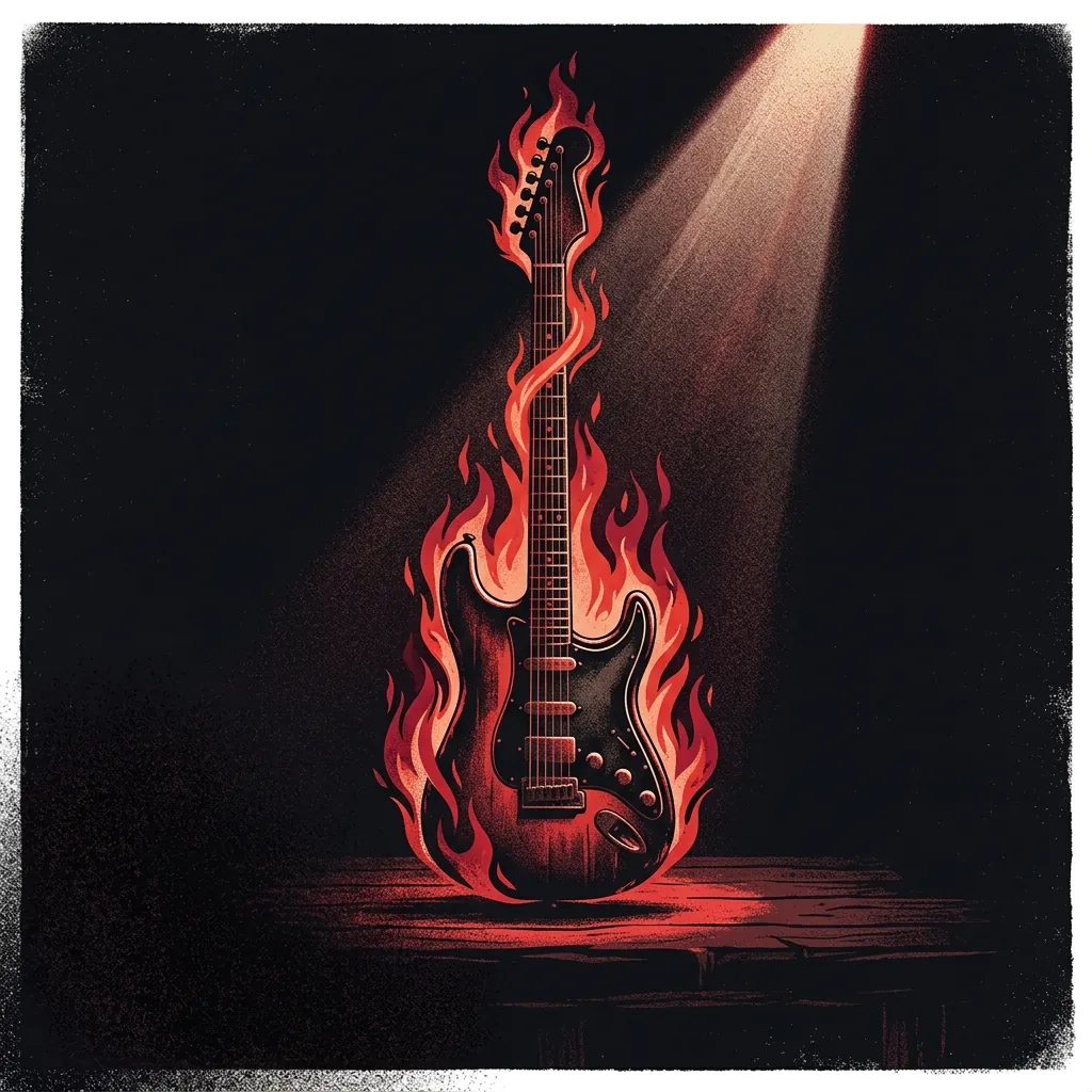 ilustración tributo de una guitarra eléctrica rodeada de llamas bajo un foco solitario en un escenario oscuro, atmósfera de duelo y resiliencia, paleta rojo y negro, sin rostros ni logos