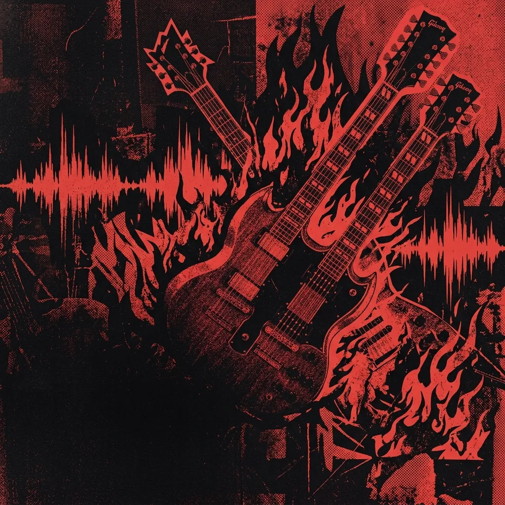 ilustración tributo de un collage de guitarras dobles, ondas sonoras y motivos de llamas y oscuridad, estética metalcore de los 2000, paleta rojo y negro, sin texto ni logotipos
