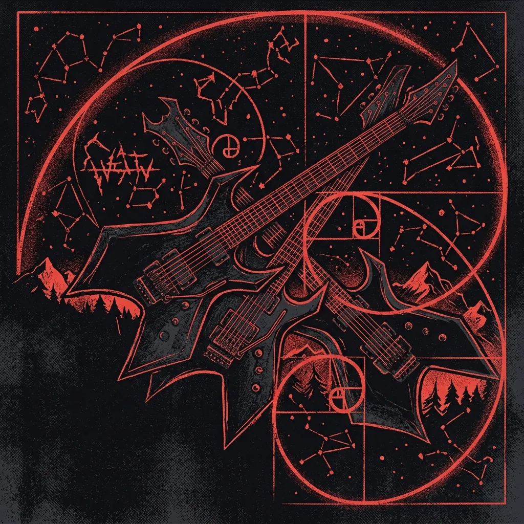 ilustración tributo de guitarras eléctricas entrelazadas con espirales áureas y constelaciones sobre fondo negro, atmósfera de death metal técnico Colorado, sin rostros reconocibles ni logos, paleta rojo y negro