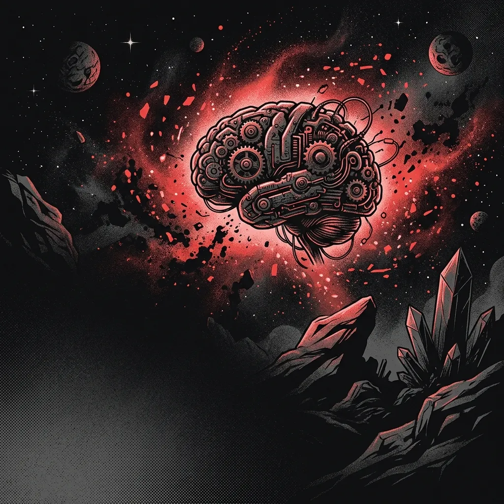 ilustración tributo de un cerebro mecánico flotando en el espacio exterior rodeado de partículas de luz roja y negra, death metal progresivo técnico Fort Collins Colorado, sin rostros ni logos, paleta rojo y negro