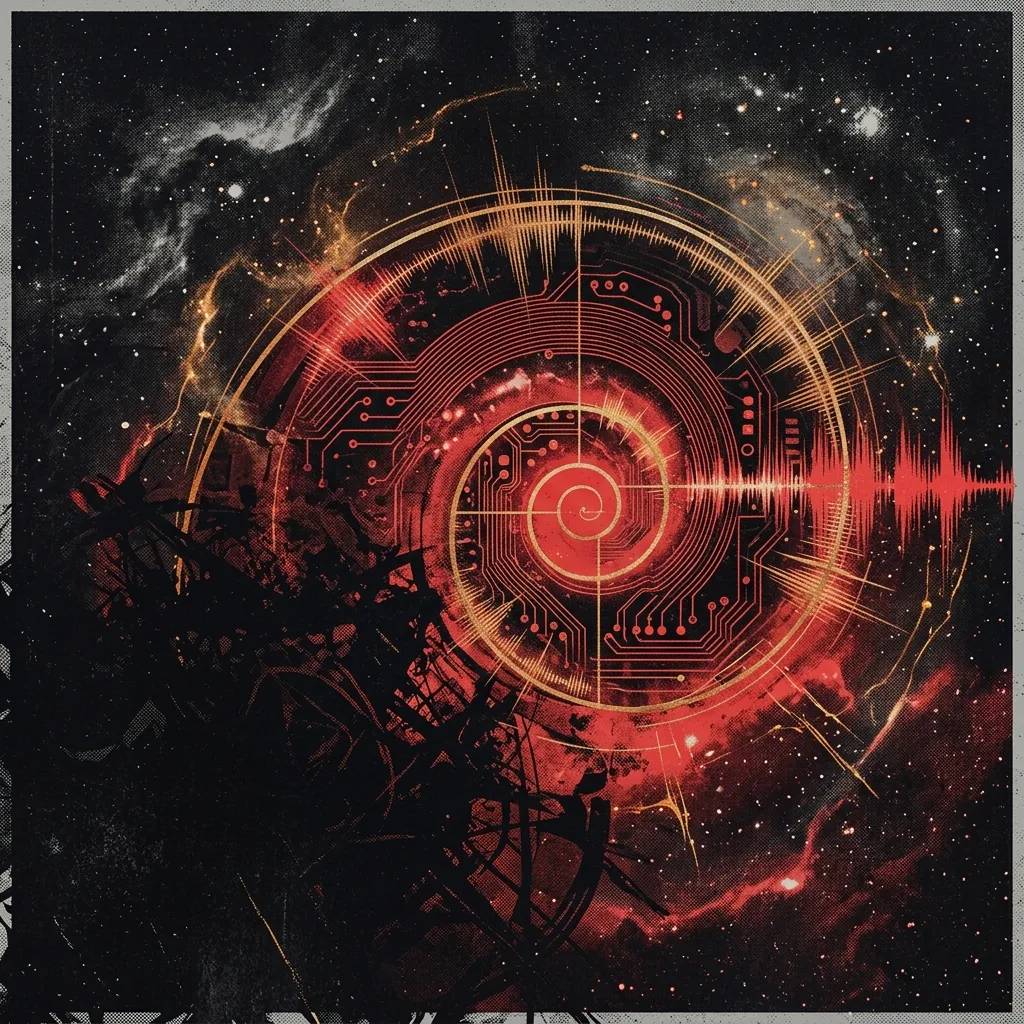 ilustración tributo de una espiral matemática áurea sobre fondo cósmico oscuro con detalles de circuitos electrónicos y ondas de sonido, death metal técnico melódico sin texto ni logotipos, paleta rojo y negro con destellos dorados