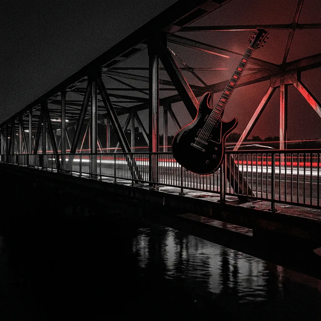 ilustración tributo de una guitarra eléctrica suspendida sobre un puente metálico nocturno, reflejo en el agua, atmósfera hard rock contemporáneo, sin rostros reconocibles ni logos, paleta rojo y negro con destellos de luz blanca