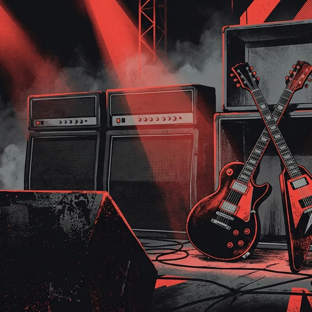 ilustración tributo de dos guitarras eléctricas cruzadas frente a un amplificador encendido en un escenario oscuro, proyectores rojos que atraviesan el humo, energía de hard rock en vivo, sin rostros ni logos, paleta rojo y negro