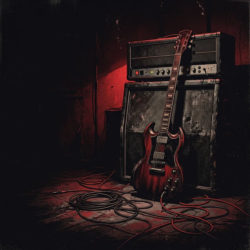 ilustración tributo de una guitarra eléctrica de cuerpo sólido apoyada contra un amplificador vintage en un cuarto oscuro iluminado por una sola lámpara roja, cables enredados en el suelo, atmósfera íntima y poderosa de sesión de ensayo, sin texto ni logotipos, paleta rojo y negro