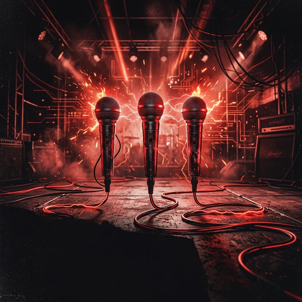 ilustración tributo de tres micrófonos en fila sobre un escenario de metal bañado en luz roja y electricidad digital, atmósfera futurista y poderosa, paleta rojo y negro, sin rostros reconocibles ni logos