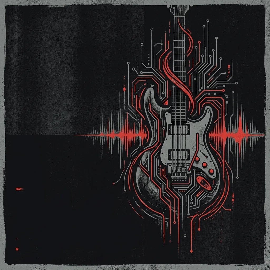 ilustración tributo de una guitarra eléctrica entrelazada con circuitos digitales y ondas de sonido sobre fondo oscuro, energía electrónica y metálica, paleta rojo y negro, sin rostros ni logos